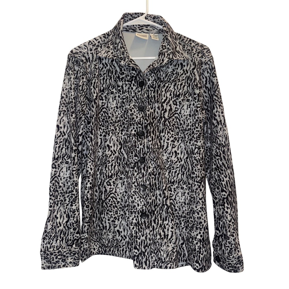 Classic Elements Button Down Shirt Womens S Grey Black Animal Print Excellent
